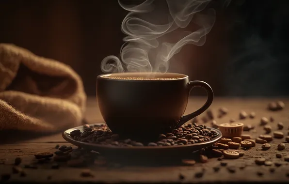 Картинка fresh, wooden, coffee, table, steams
