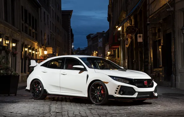 Белый, улица, вечер, Honda, хэтчбэк, пятидверный, 2019, Civic Type R