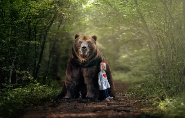 Картинка лес, медведь, девочка, друзья, Маша и Медведь