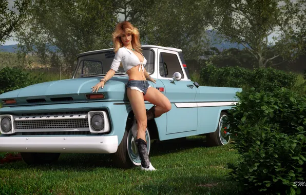 Картинка деревья, поза, женщина, автомобиль, Texan Girl with her 65 Chevy C10