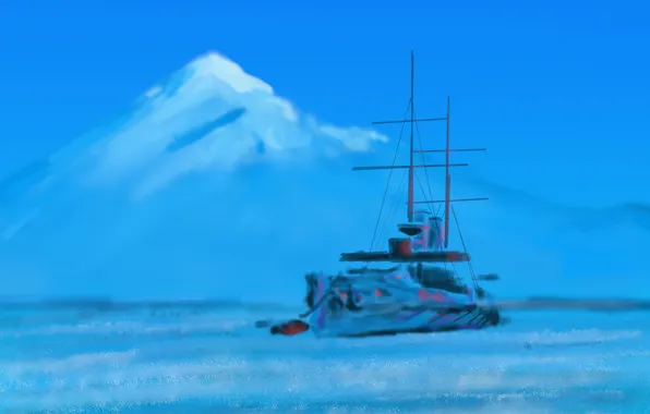 Горы, корабль, картина, морской пейзаж