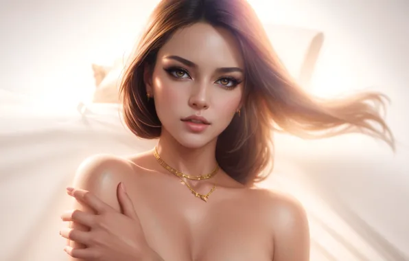 Грудь, взгляд, девушка, свет, рука, портрет, макияж, шатенка