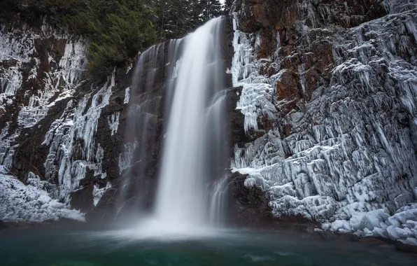 Скала, река, водопад, лёд, Washington State, Штат Вашингтон, Snoqualmie River, Река Сноквалми