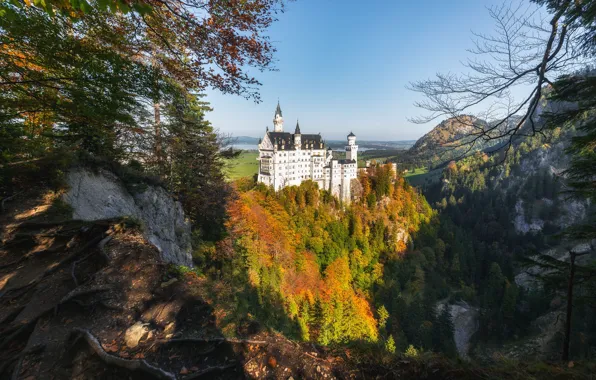 Осень, пейзаж, природа, замок, скалы, Германия, Бавария, леса