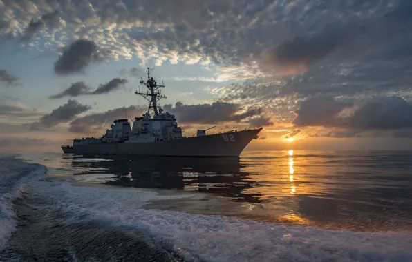 Море, закат, guided-missile destroyer, USS Lassen (DDG 82)
