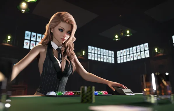 Картинка women, digital art, poker, tie, vest, cards, Casino, necktie