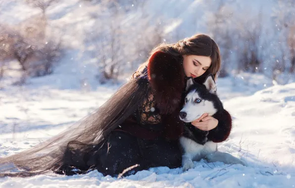 Картинка зима, девушка, снег, поза, собака, друзья, хаски, обнимашки