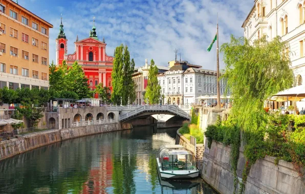 Мост, город, река, дома, Словения, Slovenia, Ljubljana