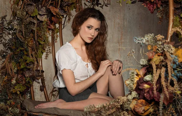 Brown eyes, women, brunette, plants, makeup, casual, Nadezhda Tretyakova, Timofey Smirnov