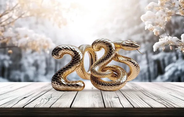 Зима, снег, золото, змея, цифры, Новый год, golden, new year