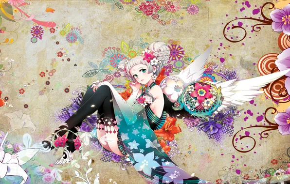 Картинка девушка, цветы, узоры, крылья, наряд