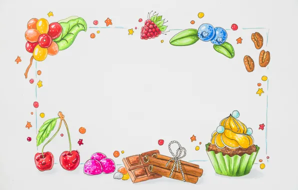 Белый, ягоды, фон, рамка, фрукты, десерт, background, Chocolate
