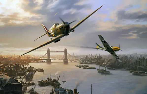 Картинка Supermarine Spitfire, Nicolas Trudgian, BF-109, британский истребитель, London Pride, spitfire skirmish