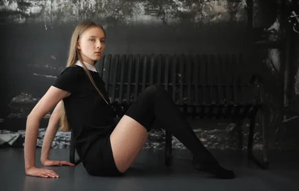 Black, stockings, blue eyes, beautiful, model, bench, looking at camera, Nimfa