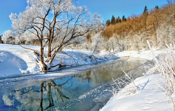 Картинка снег, пейзаж, река