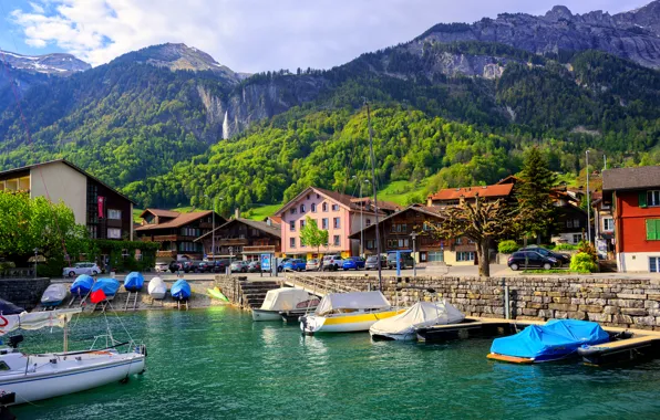 Лес, горы, озеро, берег, дома, лодки, Швейцария, Lake Interlaken