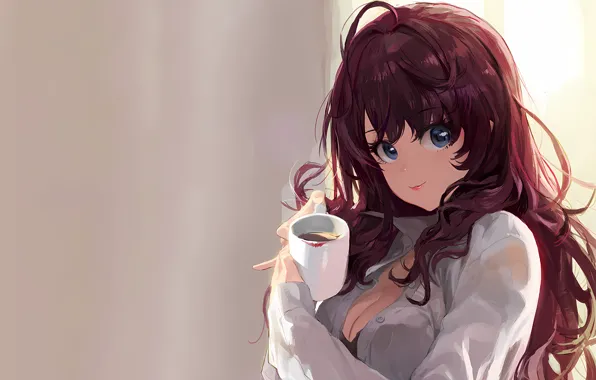 Girl, sexy, cleavage, red hair, long hair, boobs, anime, blue eyes