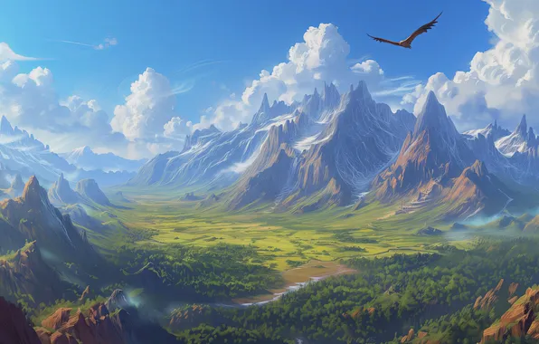 Sky, trees, mountains, clouds, eagle, valley, artwork, concept art