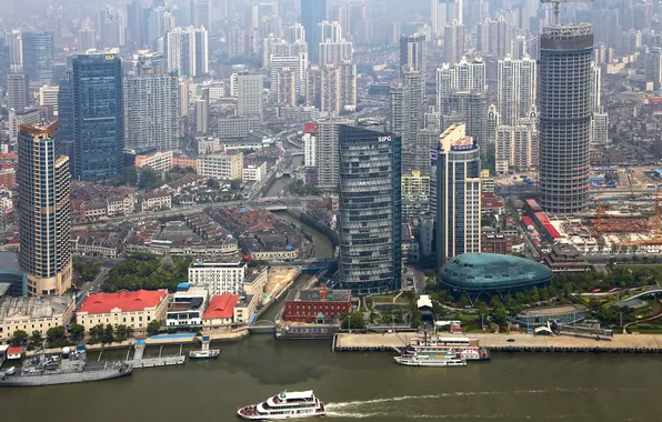 Картинка город, фото, дома, небоскребы, сверху, Китай, Шанхай, мегаполис