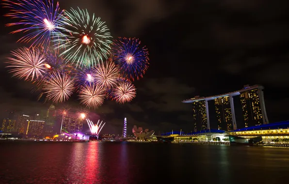 Картинка ночь, огни, праздник, салют, Сингапур, фейерверк