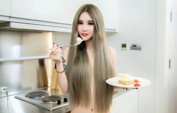 Beautiful, Asian, Model, Woman, Cake, Nude, Naked, Pretty