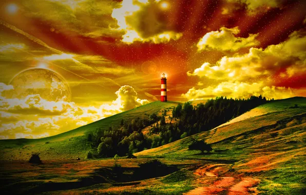 Clouds, hills, lighthouse