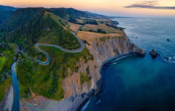 Картинка дорога, море, лес, деревья, вид, высота, Калифорния