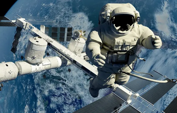 Картинка космос, космонавт, станция, выход, космическая, в открытый