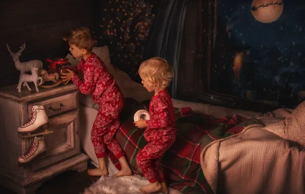 Картинка ночь, дети, комната, игрушки, кровать, окно, Рождество, тумбочка