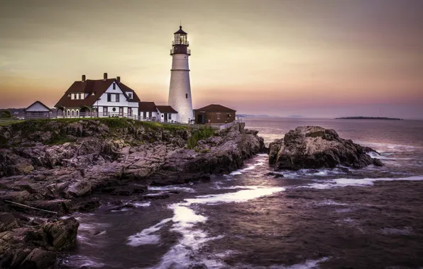Пейзаж, закат, камни, океан, маяк, дома, Портленд, США