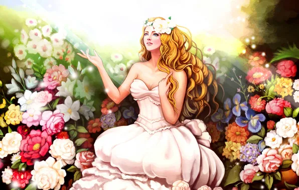 Картинка девушка, свет, цветы, сад, платье