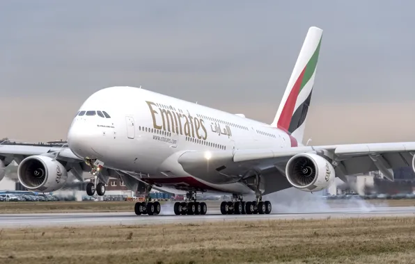 Дым, A380, Посадка, Airbus, ВПП, Шасси, Airbus A380, Emirates Airlines