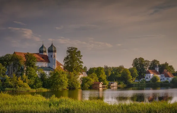 Картинка пейзаж, природа, река, дома, Германия, Бавария, монастырь, купола