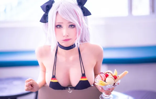 Anime, model, women, cosplay, sweets, ice cream, bikini, yellow eyes