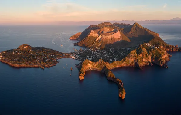 Sea, Italy, island, village, aerial view, Sicilia, Isola de Vulcano