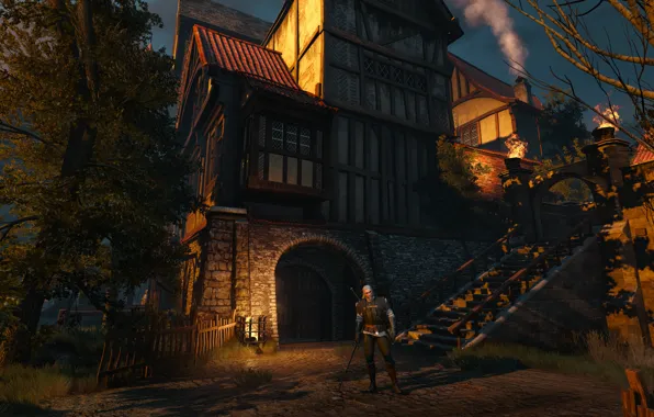Город, Меч, Воин, Броня, средневековье, Ведьмак, The Witcher, Геральт