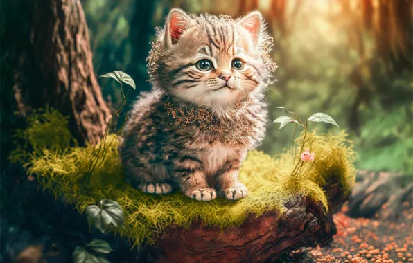 Кошка, природа, рендеринг, котенок, дерево, графика, мох, зверушка