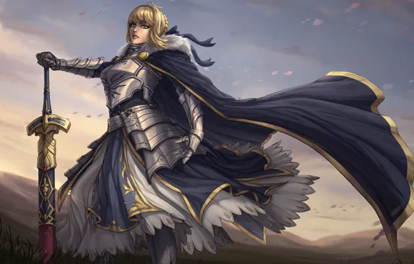 Девушка, ветер, меч, платье, блондинка, плащ, Fate/stay night, saber
