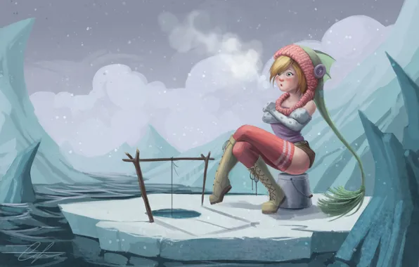 Картинка девушка, снег, рыбалка, льдины, SnakeToast, не клюет, зимняя, замерзла