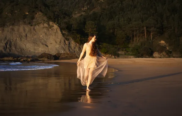 Море, вода, девушка, природа, поза, берег, платье, Tania Cerviаn