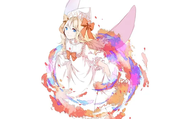 Белый фон, голубые глаза, бант, крылышки, белое платье, чепчик, touhou, art
