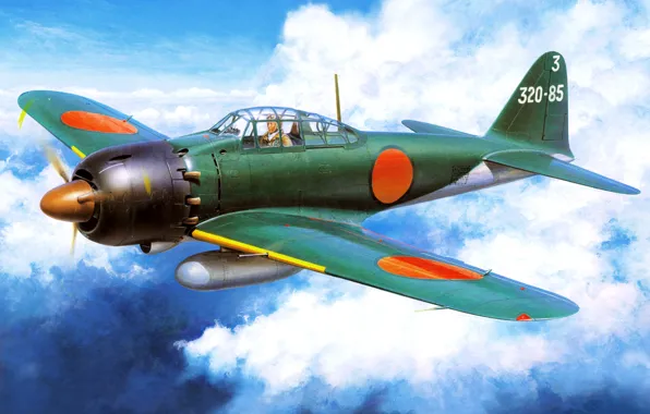 Картинка небо, рисунок, истребитель, арт, японский, палубный, WW2, Mitsubishi A6M Reisen (Type 0)