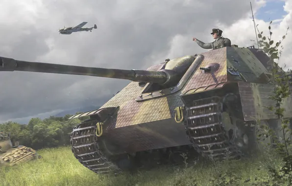 Картинка поле, рисунок, арт, Jagdpanther, самоходно-артиллерийская установка, истребителей танков, (САУ), WW2