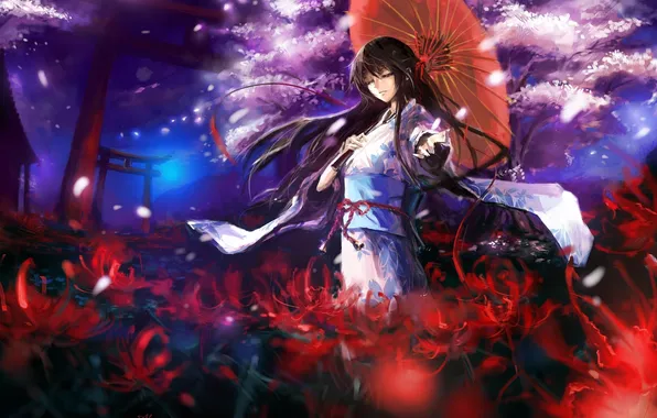 Картинка девушка, цветы, ночь, зонтик, дерево, лепестки, сакура, кимоно