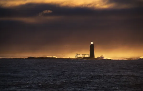 Ocean, sunset, wave, lighthouse