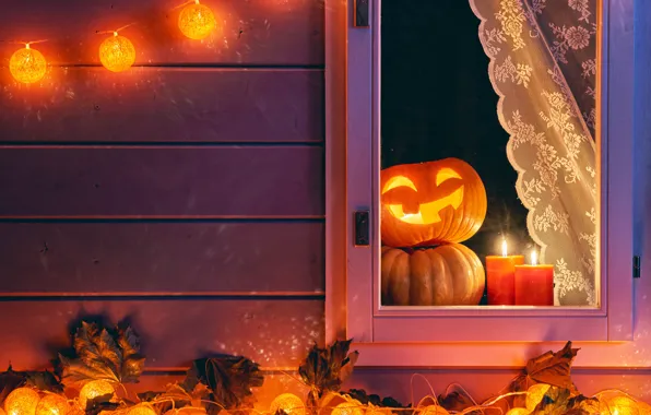 Картинка осень, ночь, окно, Halloween, тыква, Хеллоуин, autumn, pumpkin