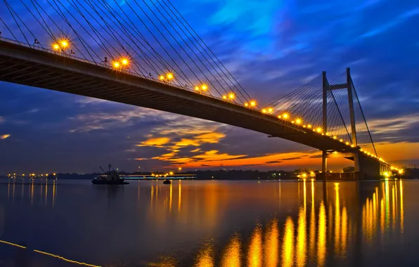 Мост, огни, река, вечер, Индия, зарево, Западная Бенгалия, Ганг