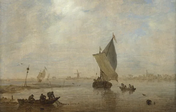 Пейзаж, лодка, картина, парус, Jan van Goyen, Ян ван Гойен, Рыбаки тянут сеть