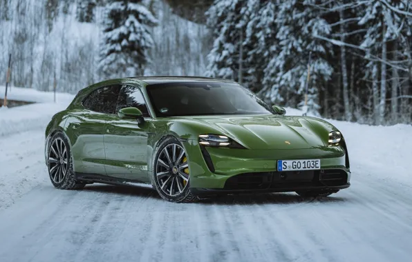 Зима, снег, Porsche, Порше, Turbo S, Sport Turismo, 2022, Taycan