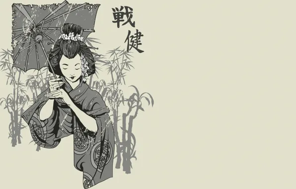 Японка, рисунок, зонт, иероглифы, черно-белое